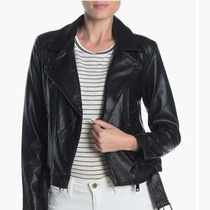 ELODIE FAUX LEATHER PU NOTCH COLLAR BELTED BLACK MOTO JACKET
